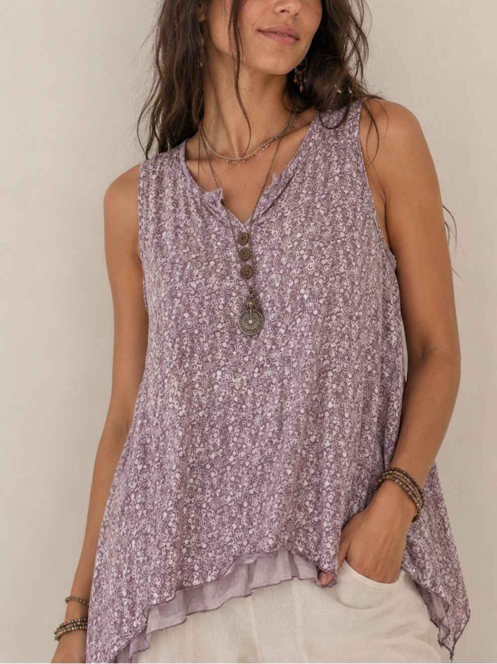 100% Cotton Soft Purple Block Print Sleeveless Size S‎ Asymmetrical Boho Vacay